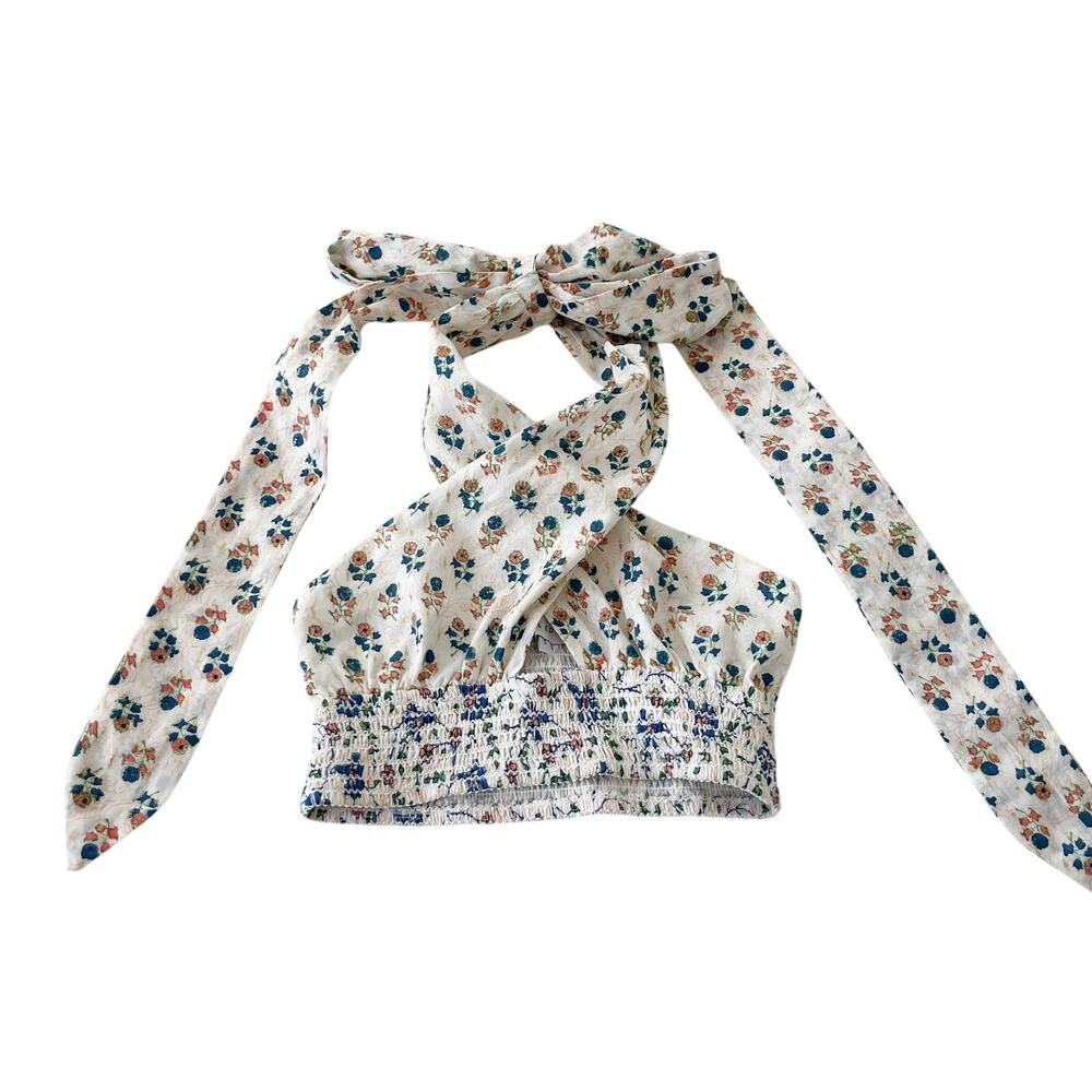 Tuckernuck Ash + Eden Floral Wrap Tie Halter Crop Top, Size Small